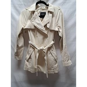 NWOT LE SUPERBE Rare Tan Eye C U embroidered distress DBL breasted trench coat